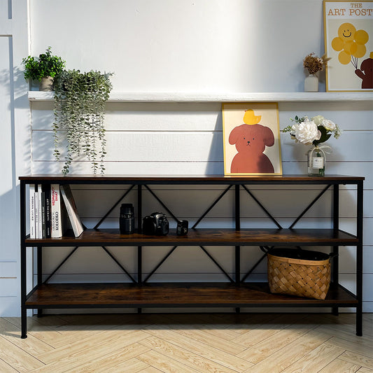 Open console table in brown with three rattan drawers