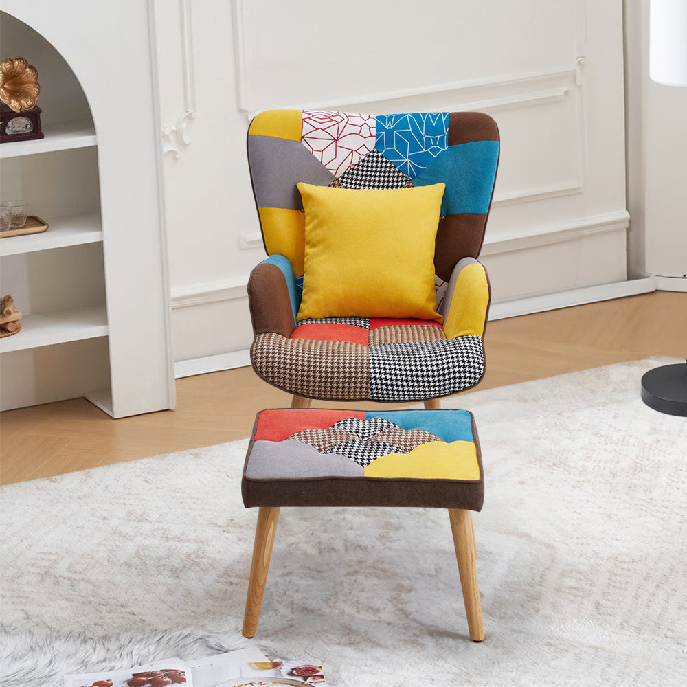 Patchwork Tufted Armchair with Cushion and Footstool