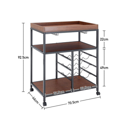 3 Tier Kitchen Trolley with Tea Tray Wood Storage Shelf and Wine Rack Brown