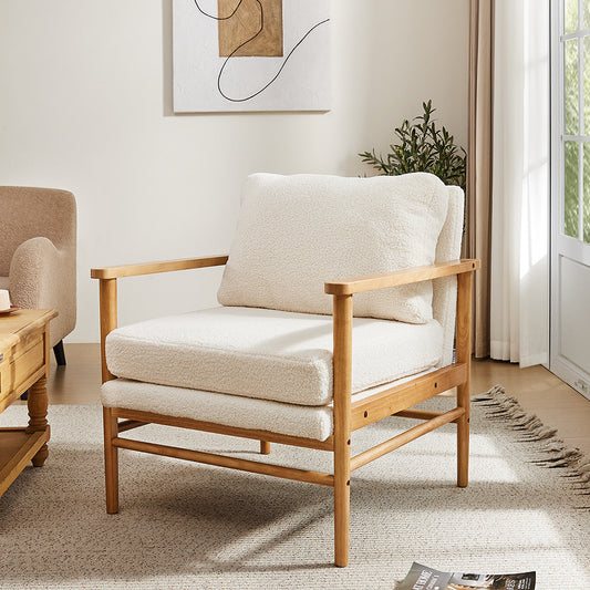 White Upholstered Teddy Bear Fur Wooden Armchair