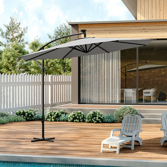 3M Large Garden Hanging LED Parasol Cantilever Sun Shade Banana Umbrella with Cross Base, Light Grey