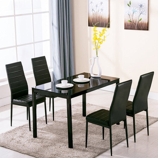 1.4M Black Glass Dining Table with Set of 4 Faux Leather Dining Chairs