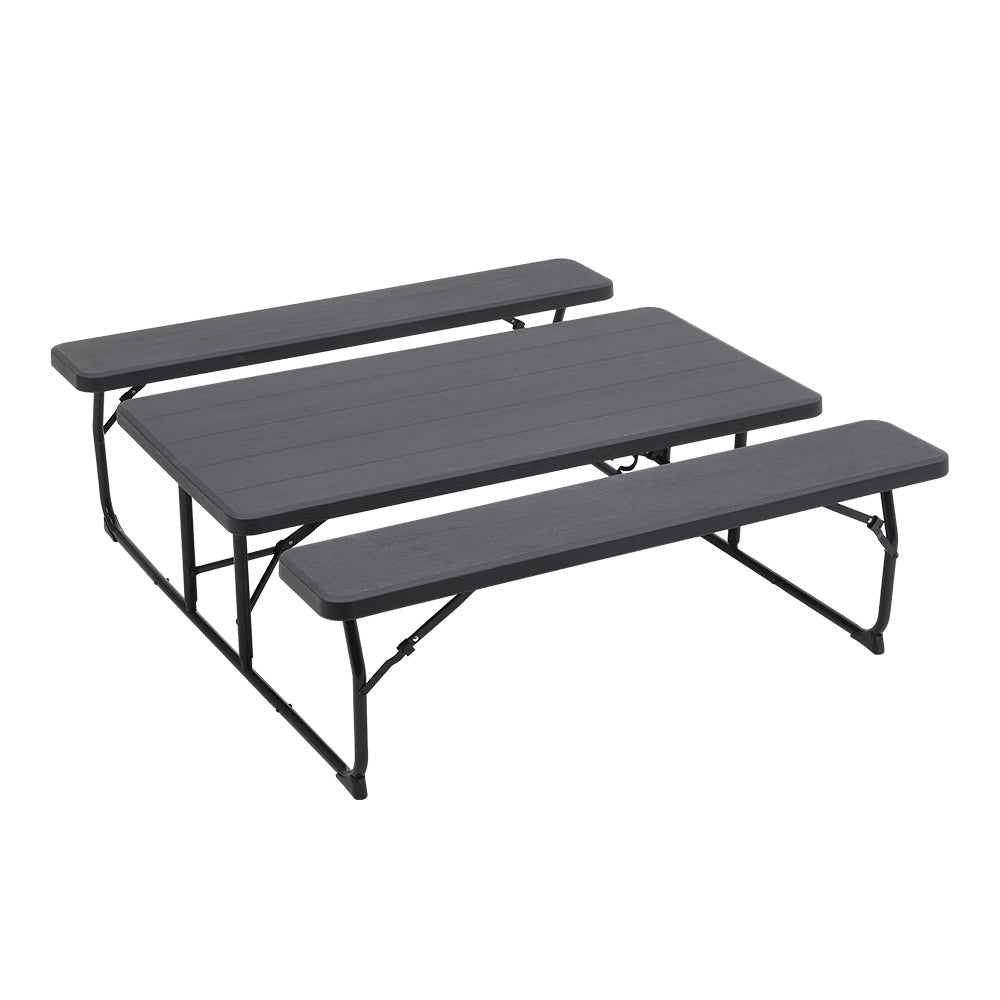 Foldable Black Bench and Picnic Table Set with Parasol Hole