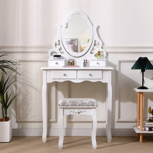 White Bedroom Makeup Vanity Desk with Mirror and Stool