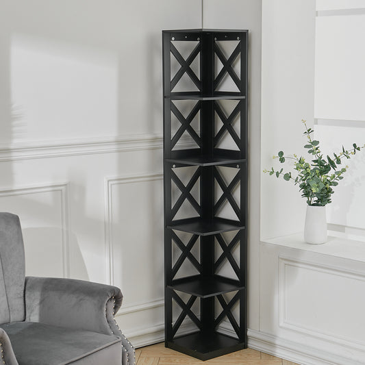 5 Tier Modern Wood Corner Standing Shelf for Living Room, Black