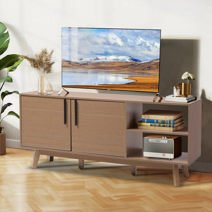 Wooden TV Stand with Storage Cabinet and Open Shelves