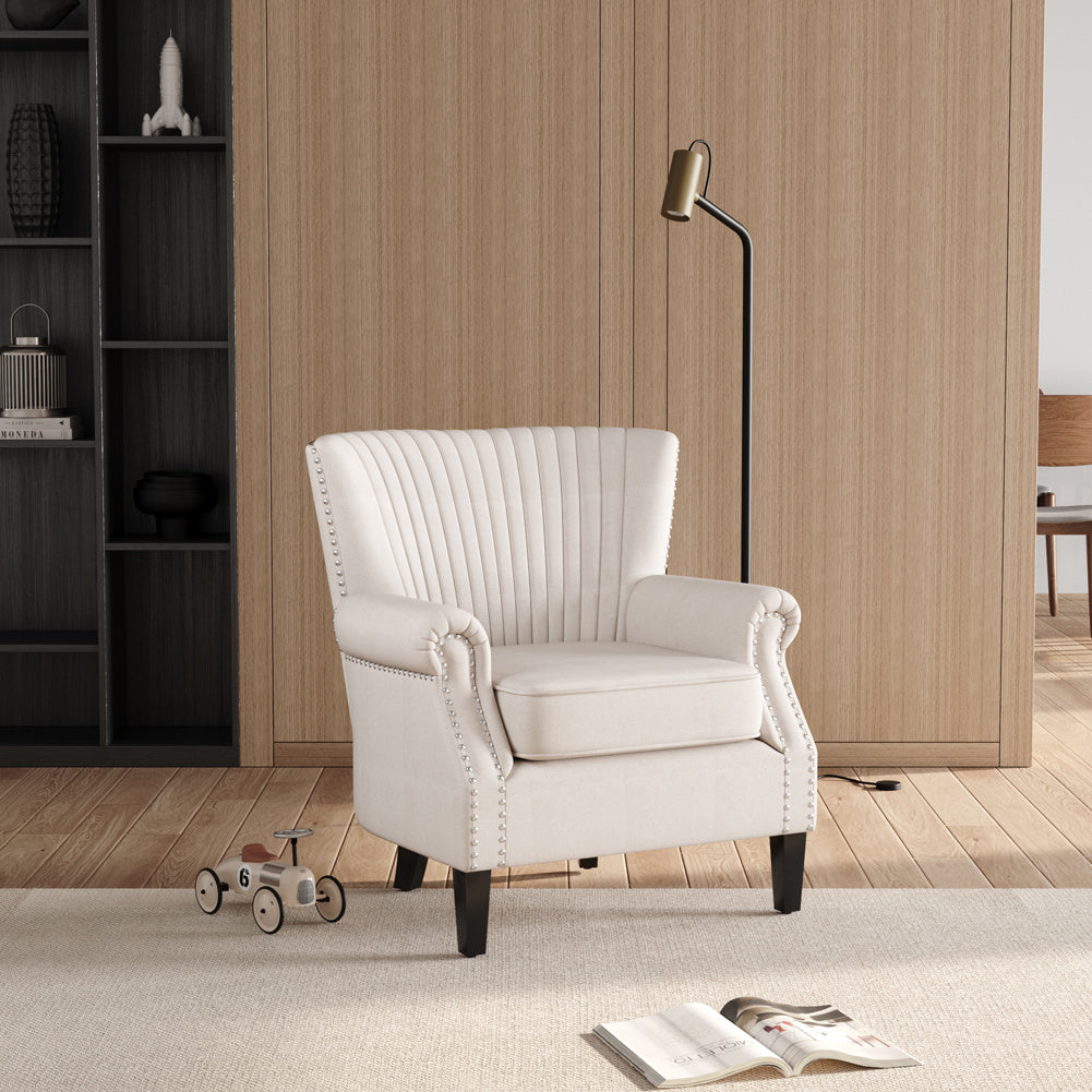 White Deep Upholstered Armchair with Wooden Legs