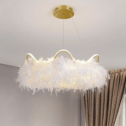 White and Gold Feather LED Pendant White Light