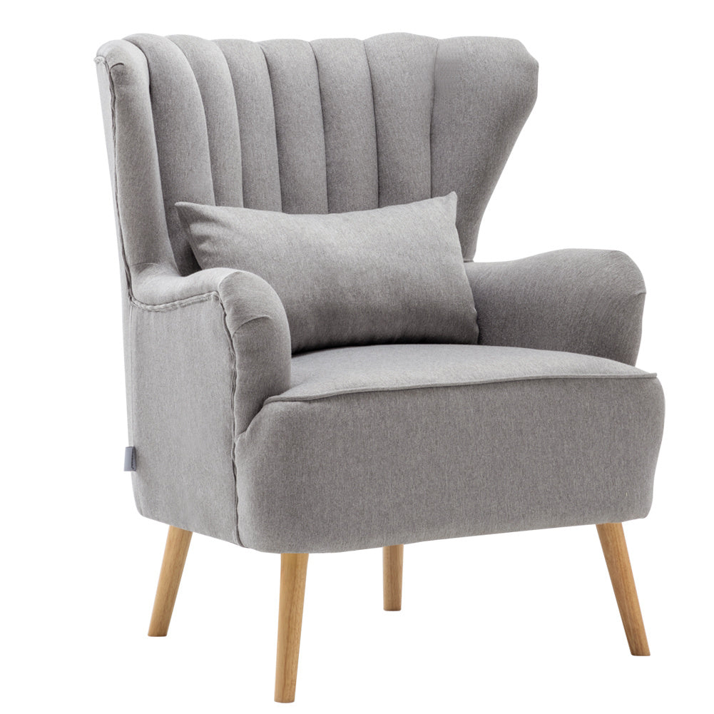 Grey Linen Armchair with Footstool and Pillow