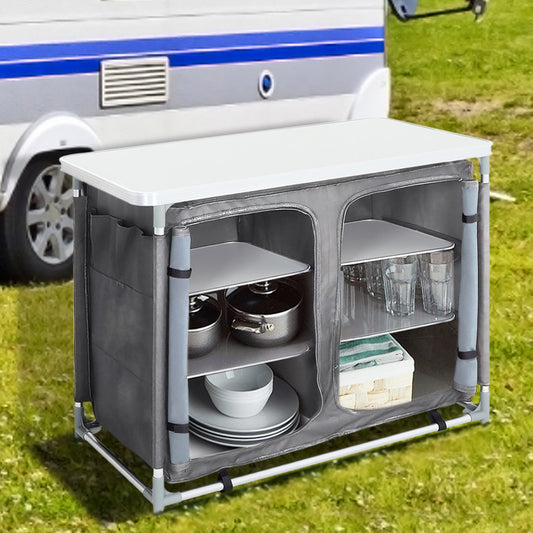 Grey Portable Camping Kitchen BBQ Table Cabinet Storage