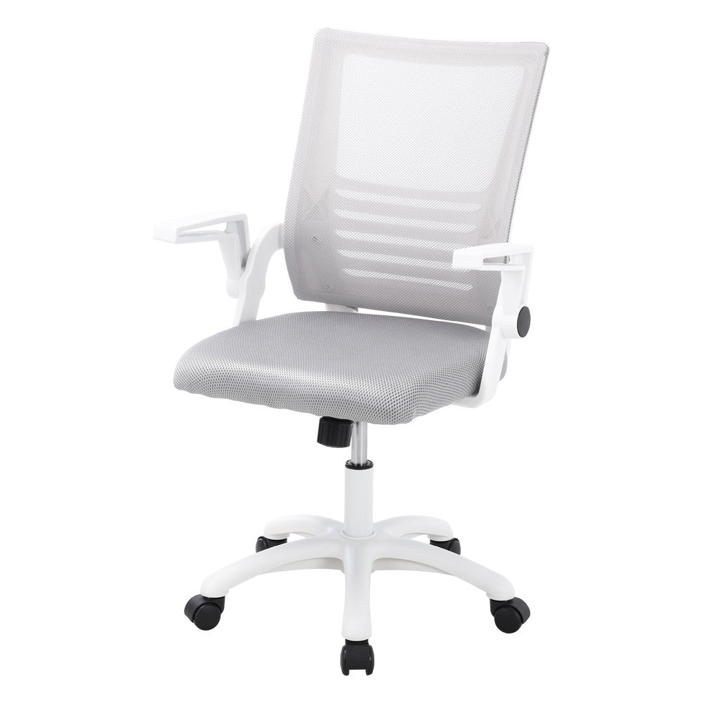 Mesh Office Chair Ergonomic Design with White Flip up Armrests, Grey