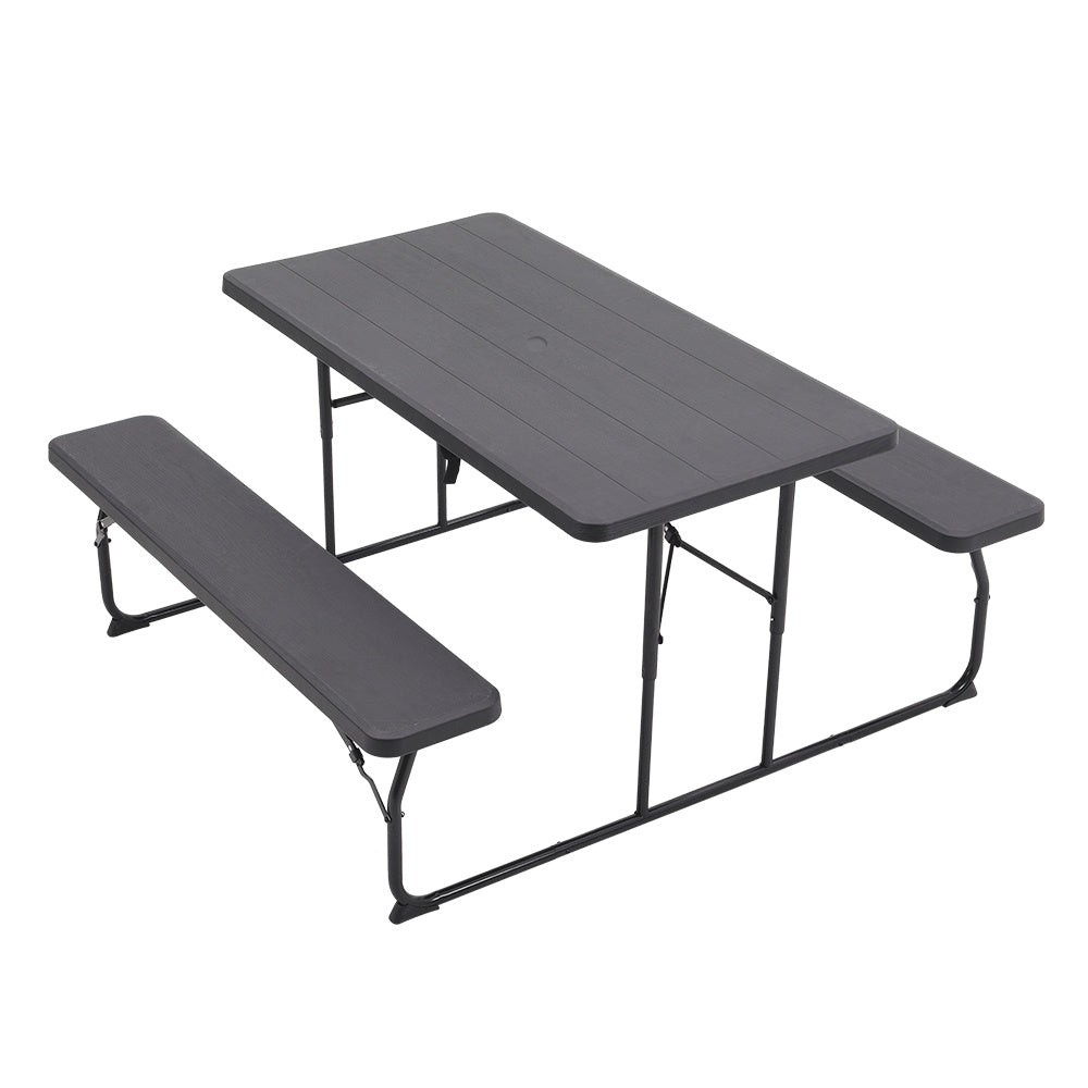 Foldable Black Bench and Picnic Table Set with Parasol Hole