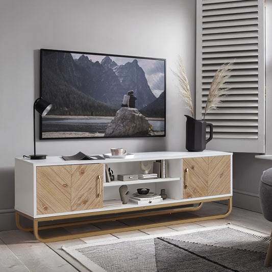 Modern Wooden TV Stand with Open Shelves and Cabinets