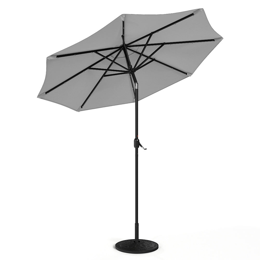 3M Large Garden LED Parasol Outdoor Beach Umbrella with Light Sun Shade Crank Tilt with 10KG Round Base, Light Grey