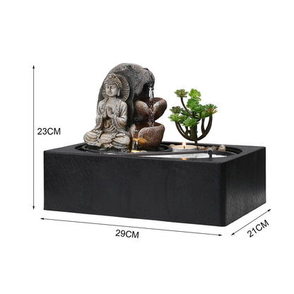 Buddha Zen Tabletop Fountain with LED Lights and Succulents