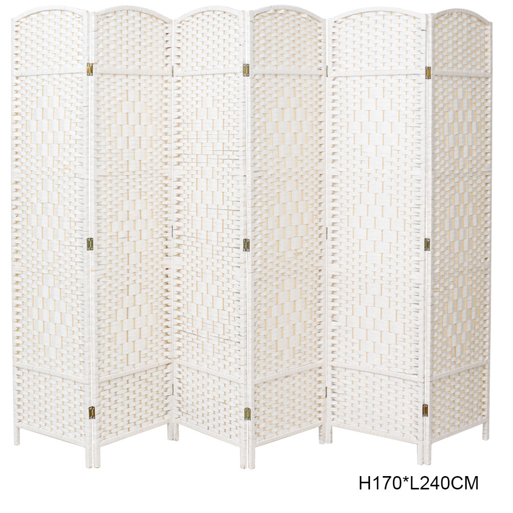 White Solid Weave Wicker Wood Room Divider 6 Panel