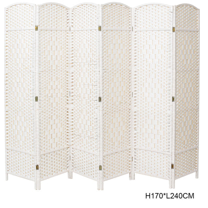 White Solid Weave Wicker Wood Room Divider 6 Panel