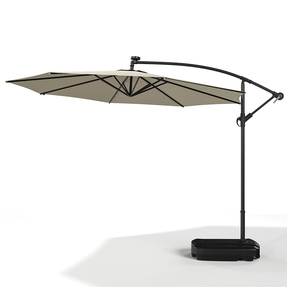 3M Large Garden Hanging LED Parasol Cantilever Sun Shade Banana Umbrella with Rectangular Base, Beige