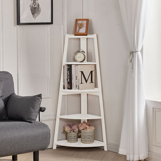 White 5 Tier Ladder Shaped Corner Shelf Rack Bookcase