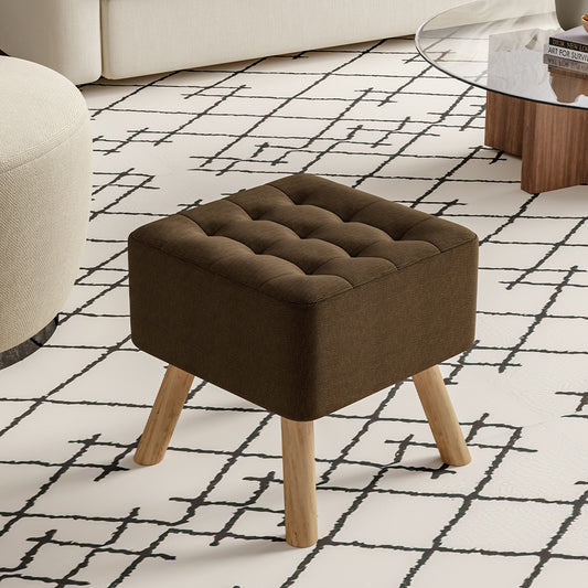 Coffee Linen Fabric Padded Wooden Leg Footstool