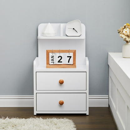 Wood Storage Nightstand Shelf with 2 Drawers White