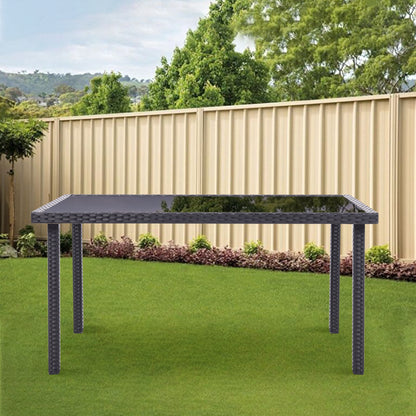 150CM Patio Garden Rectangle Rattan Frame Glass Top Table Black