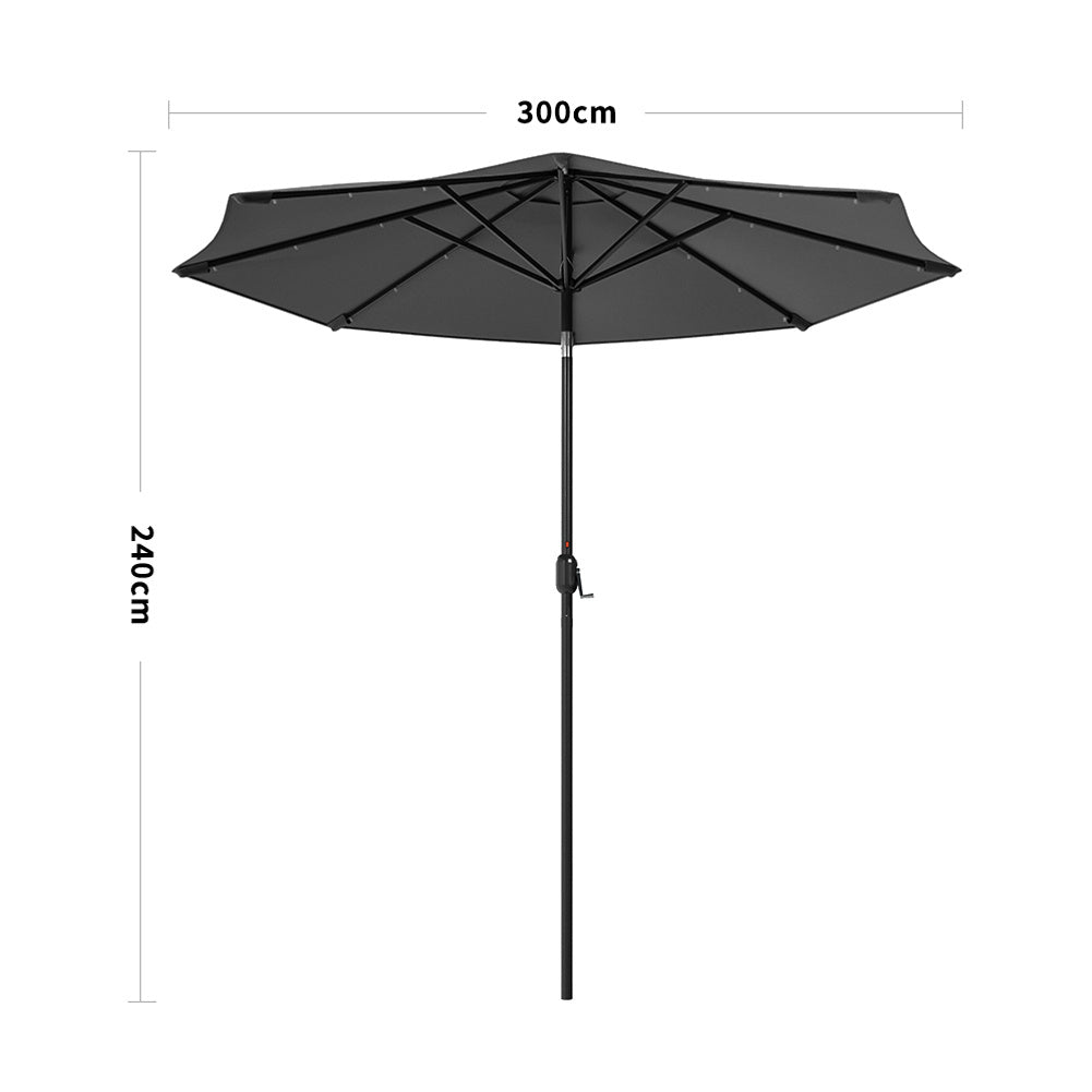 3M Large Garden LED Parasol Outdoor Beach Umbrella with Light Sun Shade Crank Tilt No Base,Dark Grey