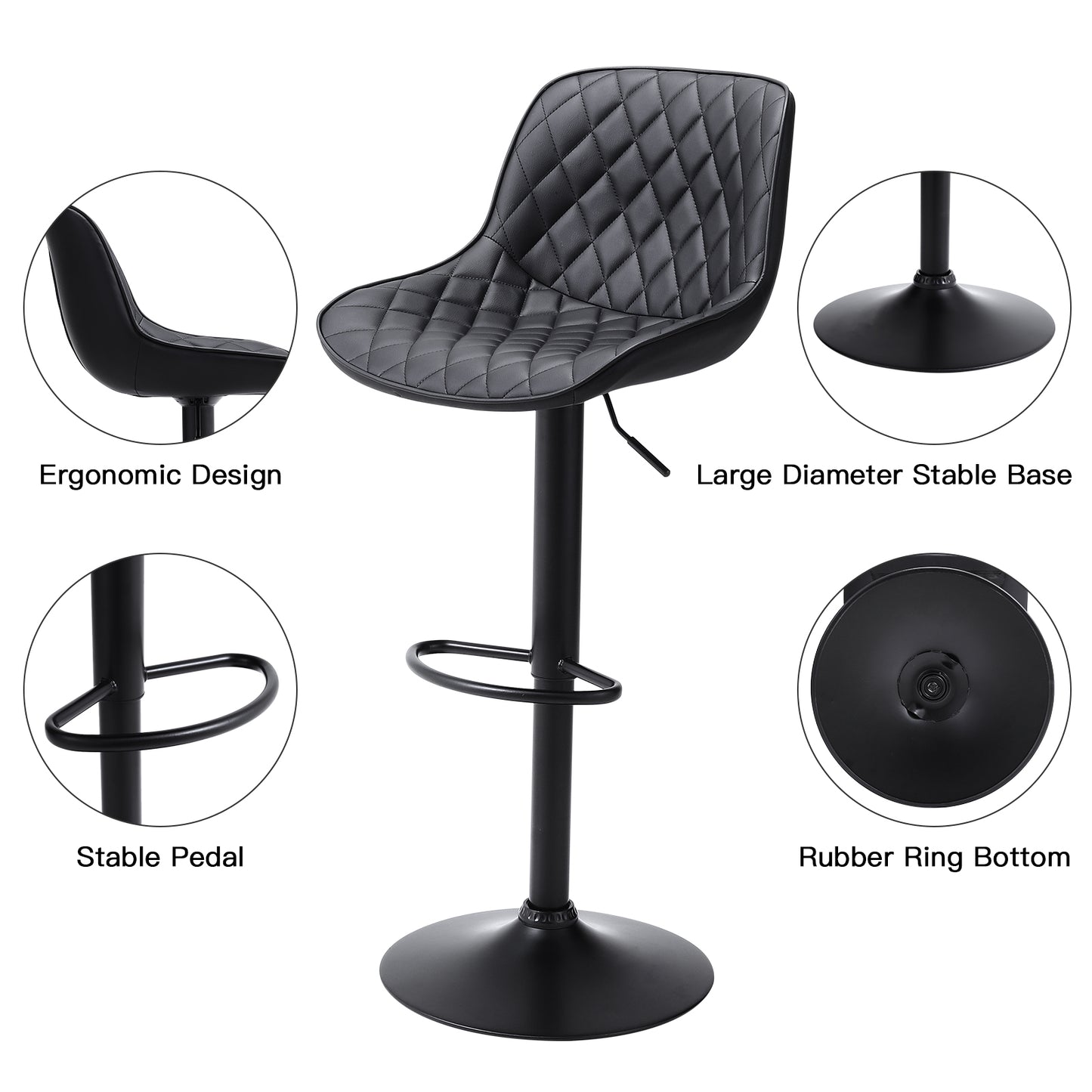 2 Pcs Faux Leather Height Adjustable Bar Stool Black