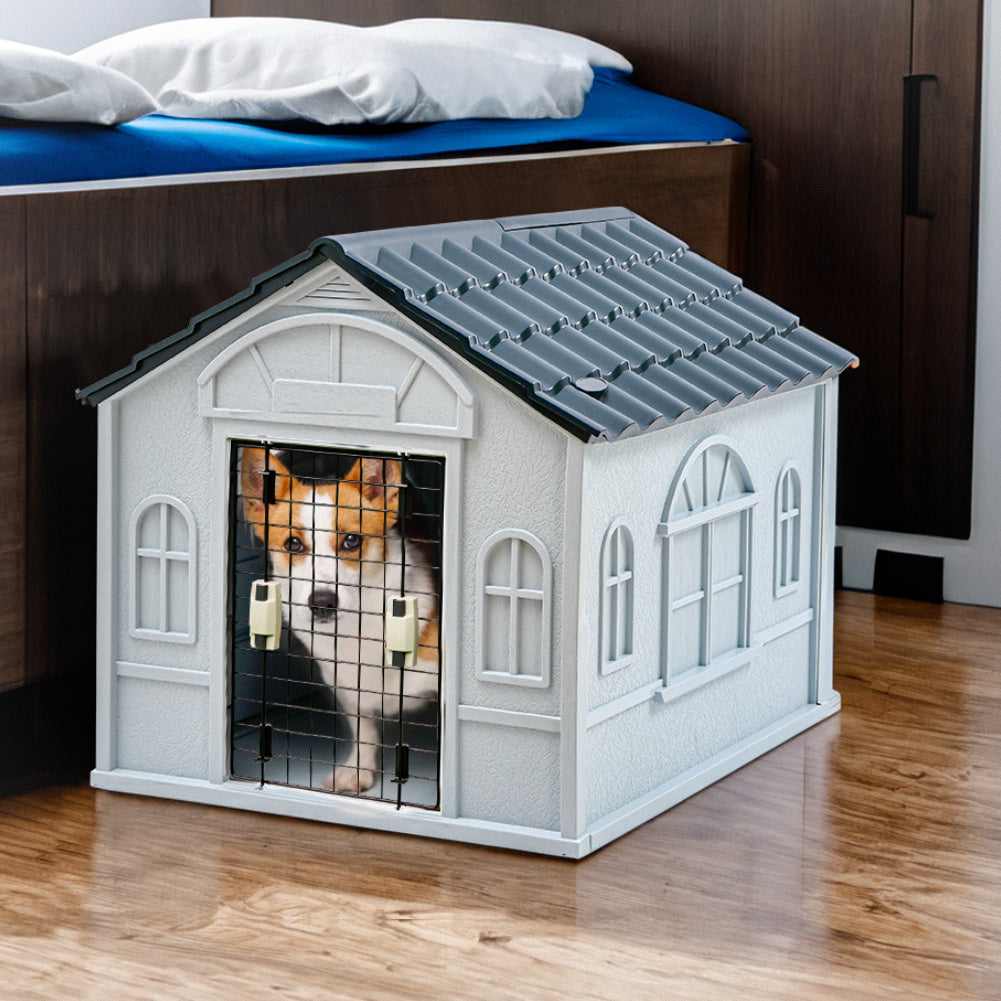 Grey Small Plastic Dog House Kennel with Steel Door