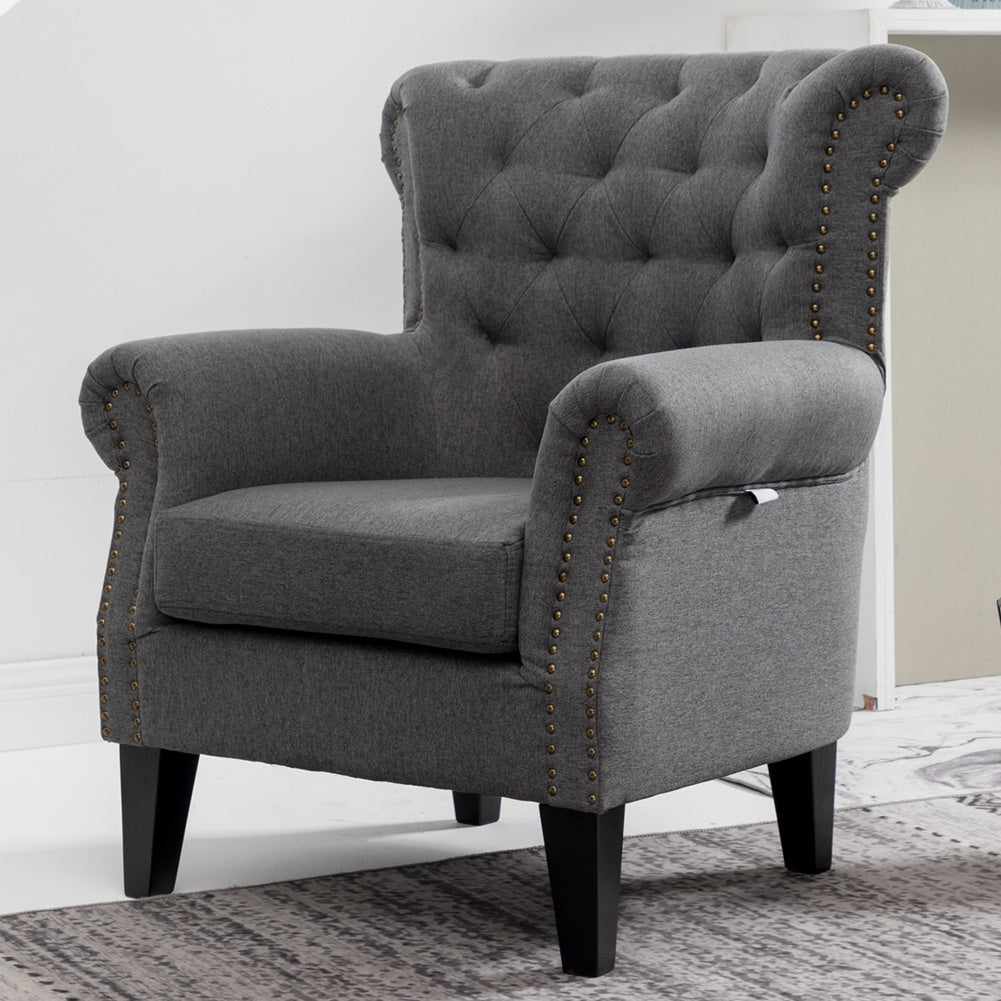 Linen Chesterfield Thick Cushion Armchair, Dark Grey