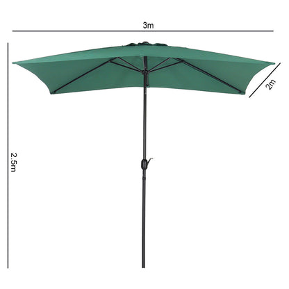 Dark Green 2x3M Large Square Garden Parasol Outdoor Beach Umbrella Patio Sun Shade Crank Tilt No Base