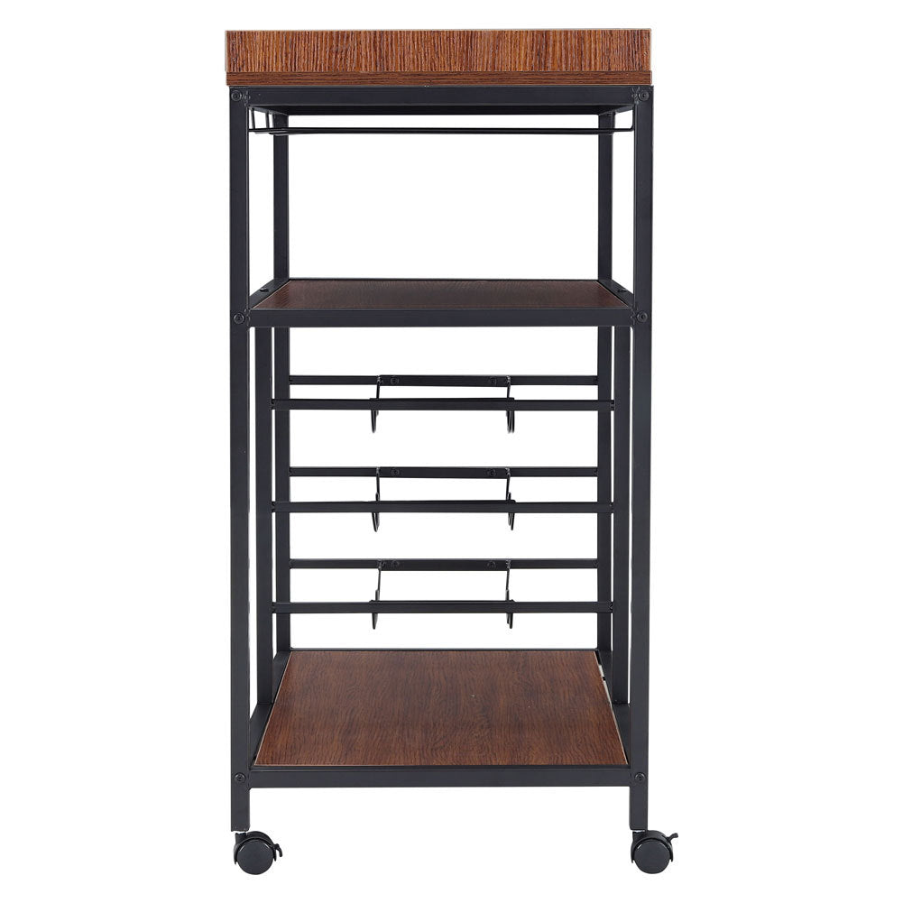 3 Tier Kitchen Trolley with Tea Tray Wood Storage Shelf and Wine Rack Brown