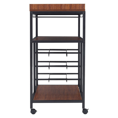 3 Tier Kitchen Trolley with Tea Tray Wood Storage Shelf and Wine Rack Brown