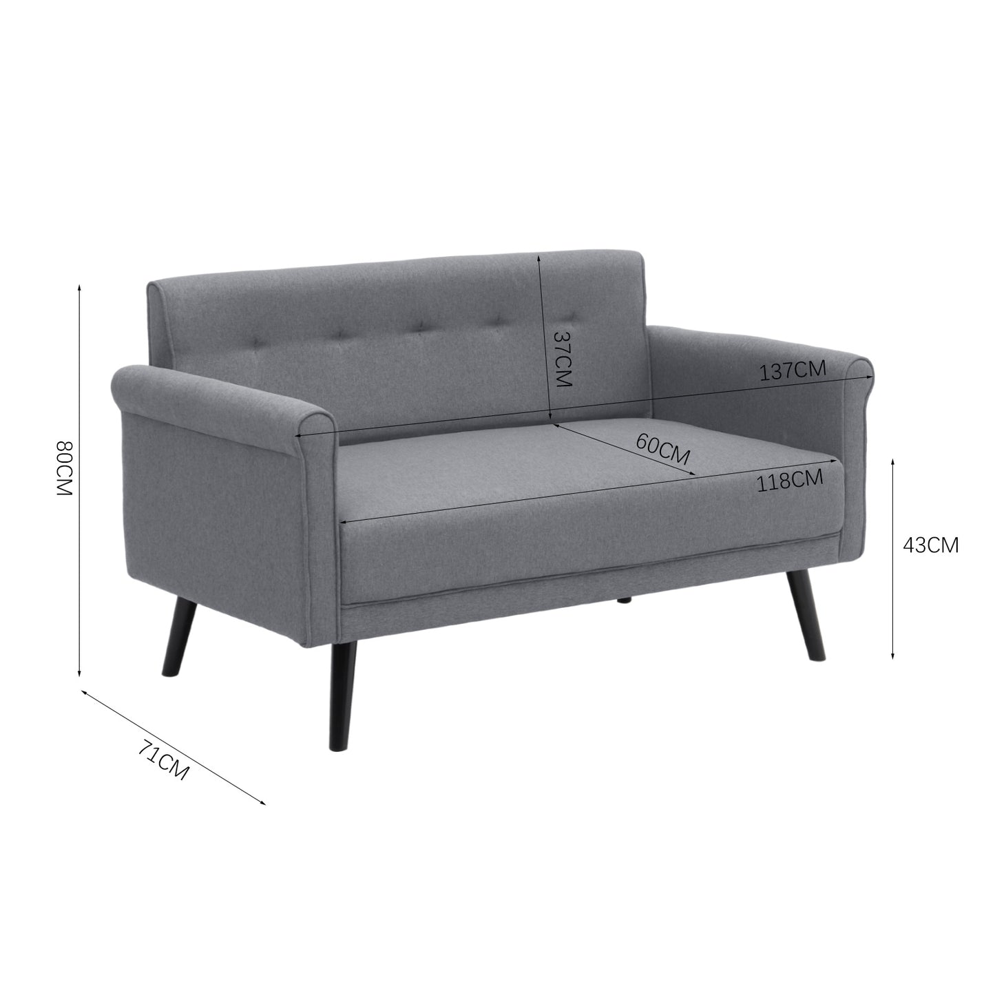 Grey Upholstered Loveseat with Rolled Arms