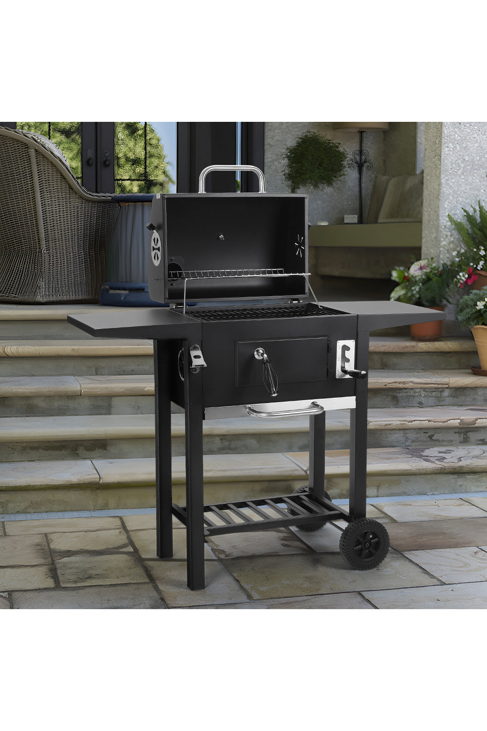 Black Outdoor Charcoal Grill with Smoke Stack