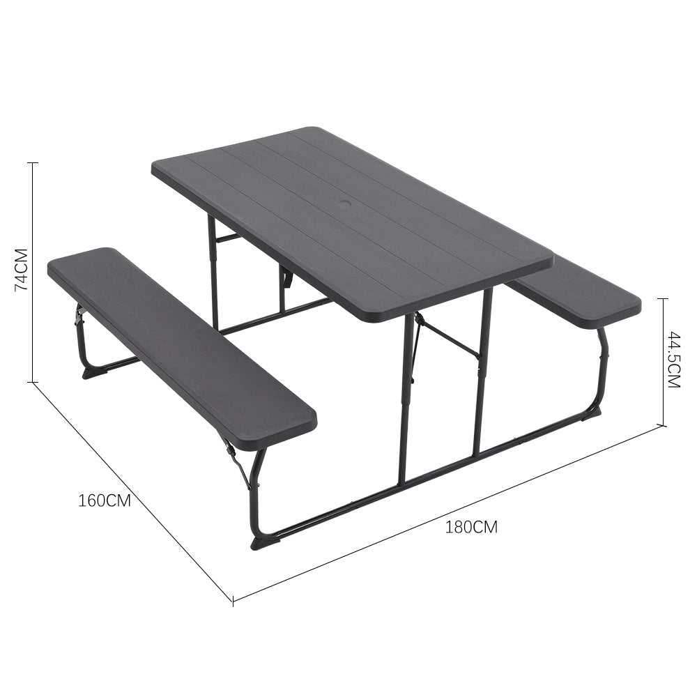 Foldable Black Bench and Picnic Table Set with Parasol Hole