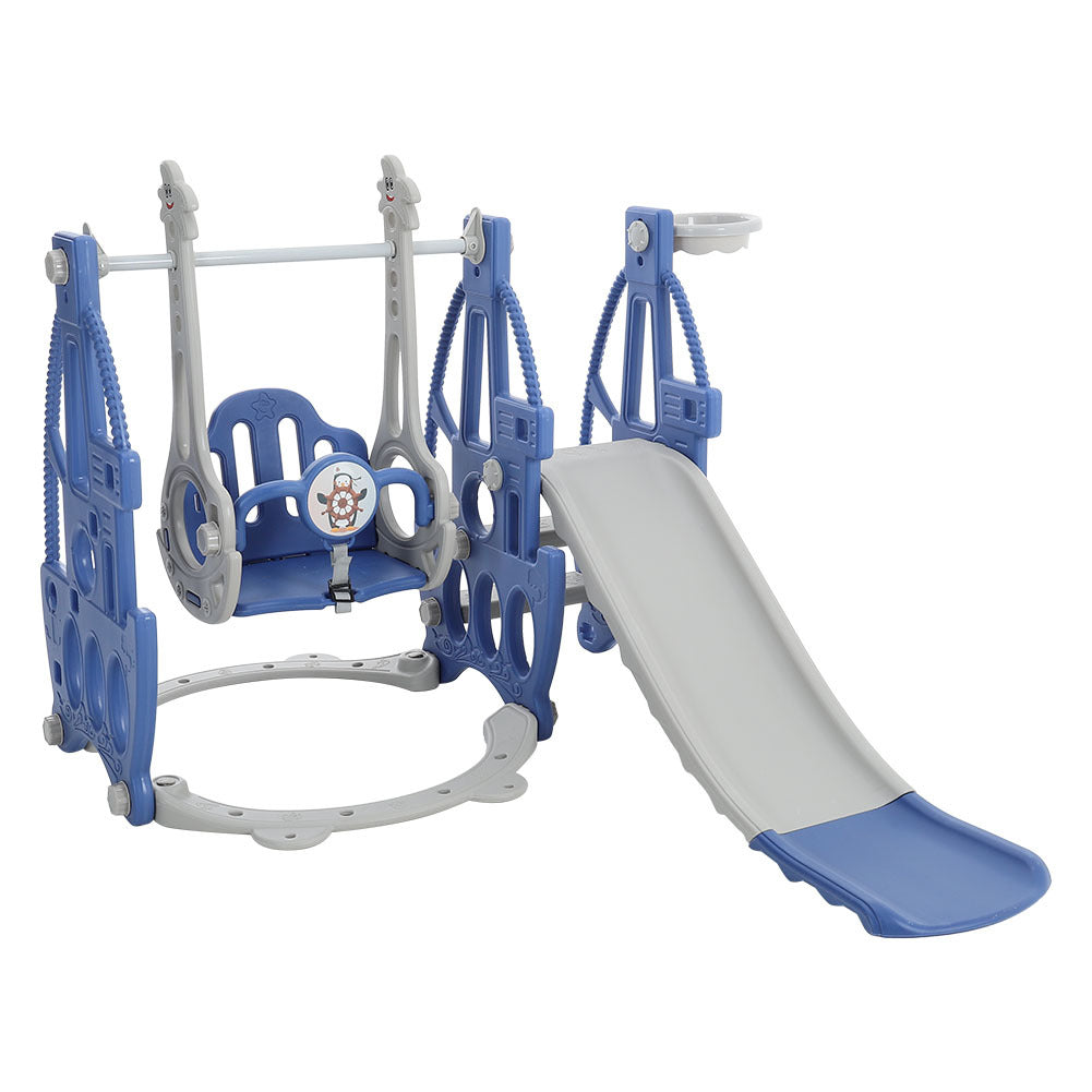 Kids Slide Climber and Swing Set Basketball Hoop 3 in 1 Play Game Center Blue