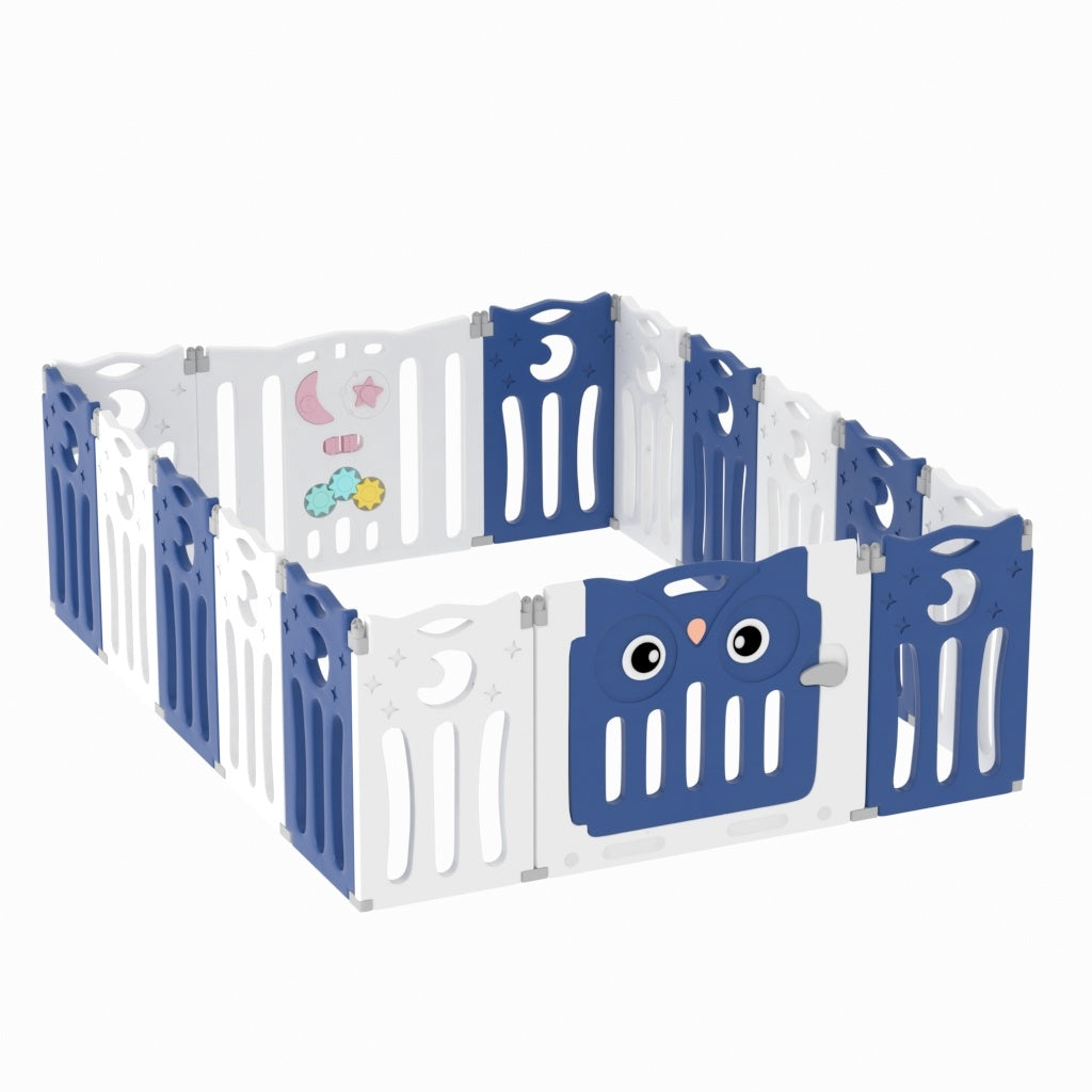 Blue 16 Panels Kids Child Playpen Foldable Safety Gate Fence with Lock