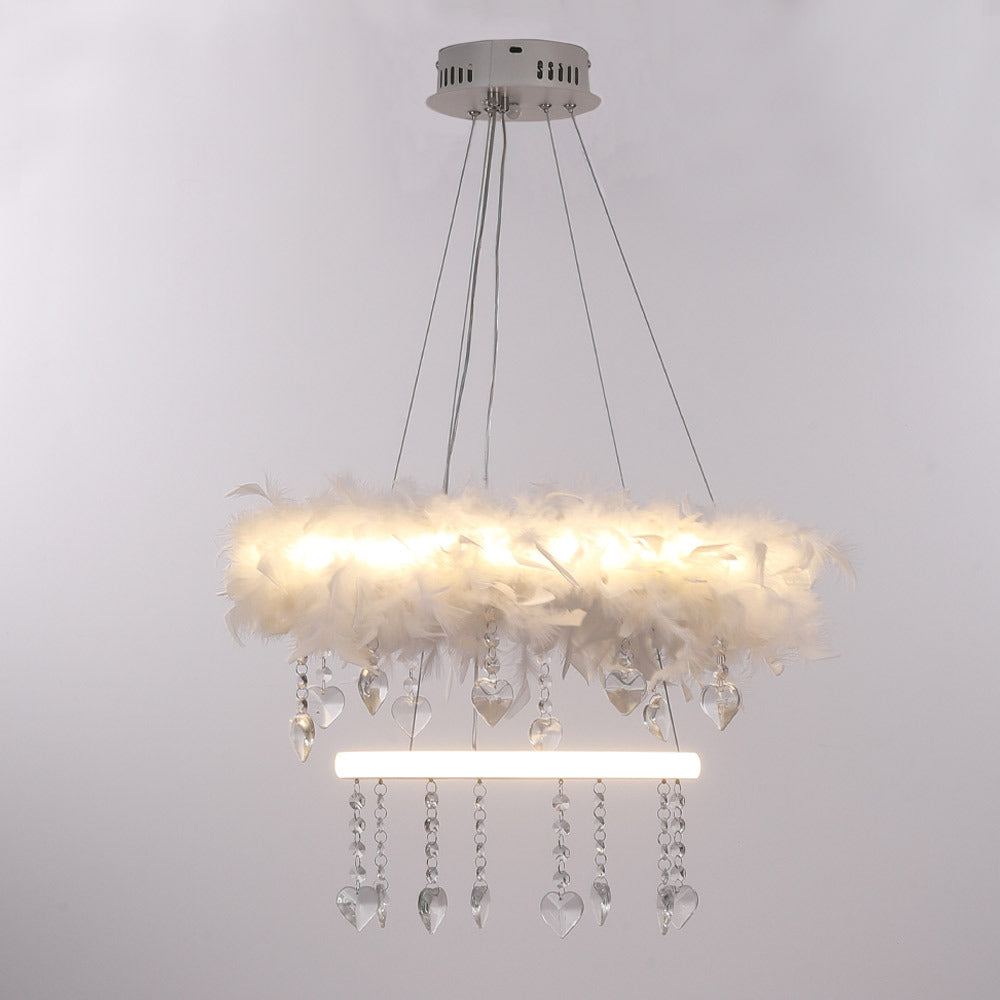 White Double Layer Feather LED Pendant Light with Crystals