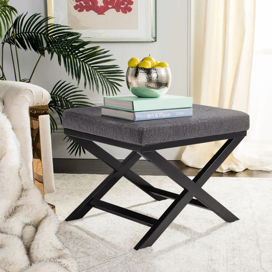 Linen Buttoned Footstool with X shaped Legs