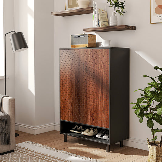 Brown 6 Tier Black Shoe Cabinet with Doors