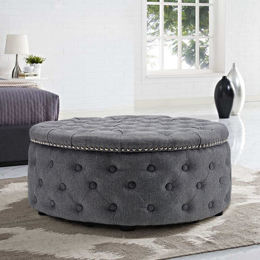 Round Chesterfield Linen Sturdy Footstool with Buttoned Edge