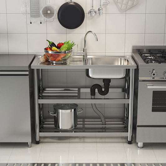 Stainless Steel Divider Sink with a Shelf and Drainboard
