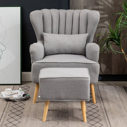 Grey Linen Armchair with Footstool and Pillow