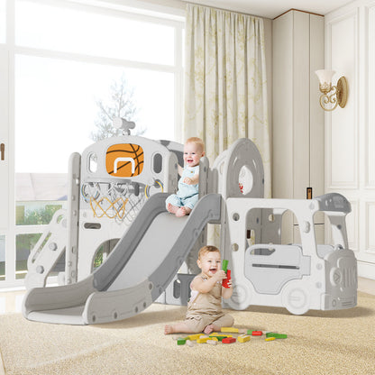 Beige Toddler Slide and Climber Playset with Basketball Hoop