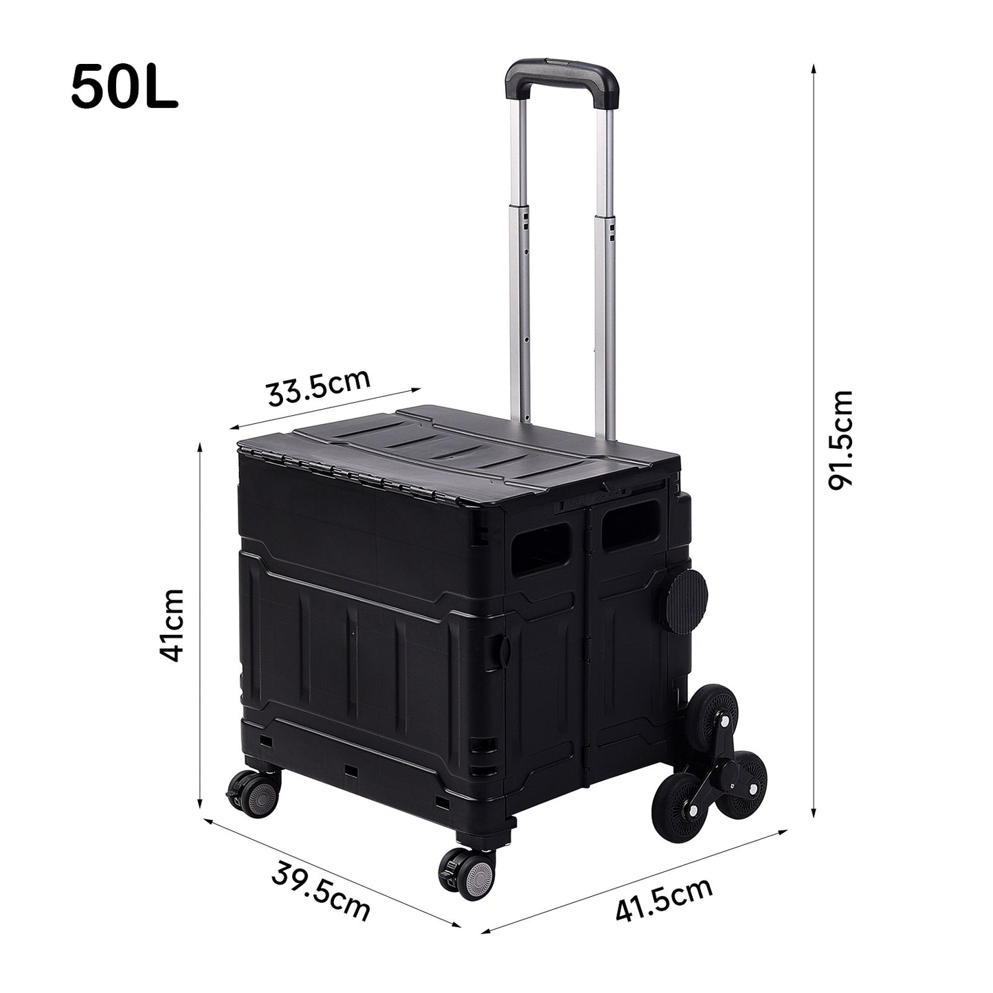 Black 50L Collapsible Rolling Utility Crate Shopping Cart with 8 Wheels