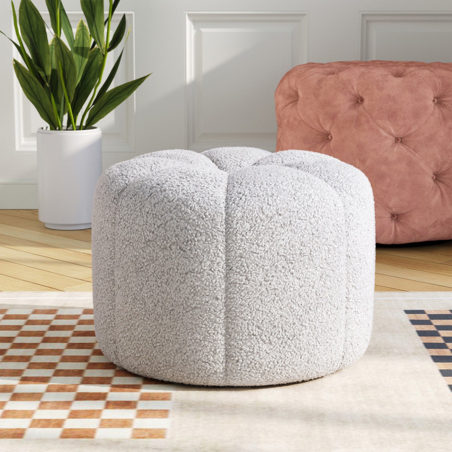 Round Shape Teddy Fabric Footstool White