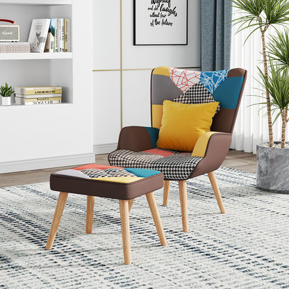 Patchwork Tufted Armchair with Cushion and Footstool