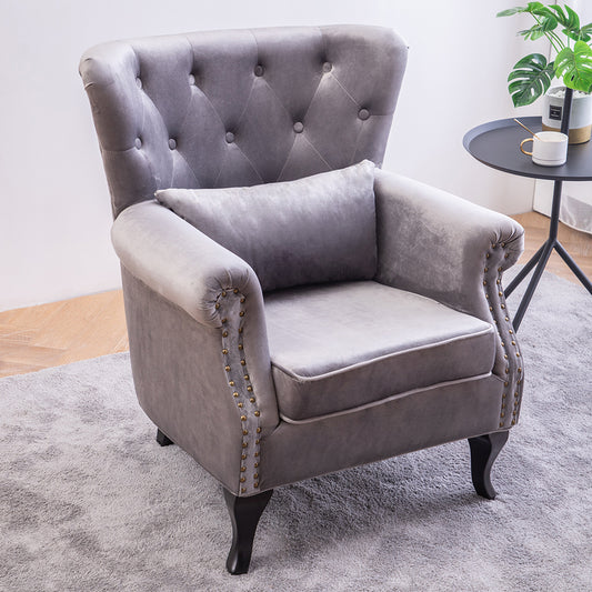 Grey Velvet Armchair with Thick Cushion and Lumbar Pillow