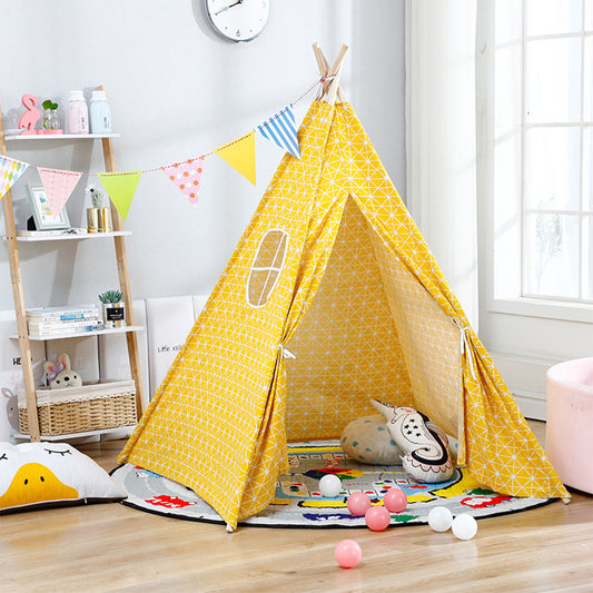 Yellow Indoor Indian Teepee Tent Play House Wood Support for Kids